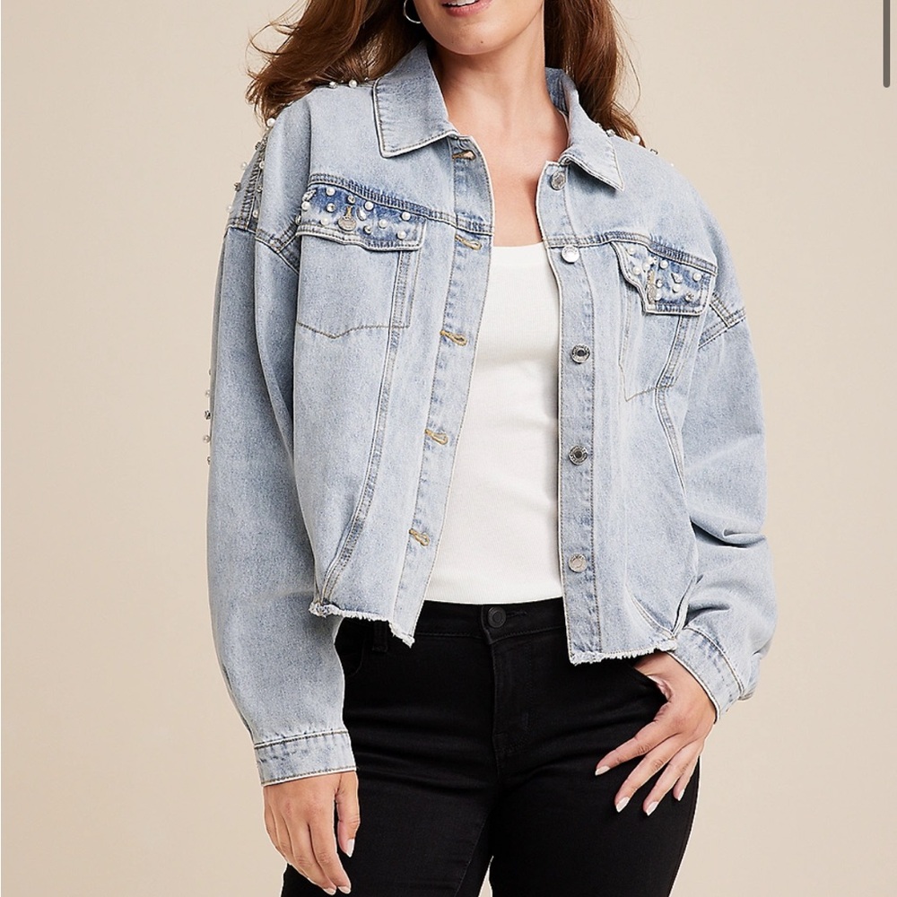 NWT Maurices Embroidered Pearl Studded Denim Jacket, xs